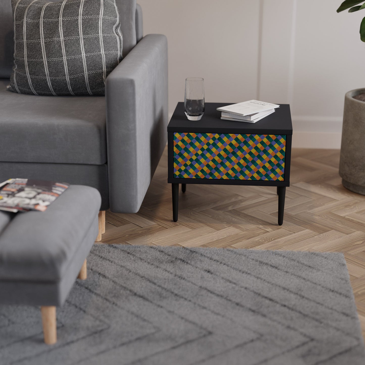 PAINTED SQUARES MIX Nightstand in Black Finish