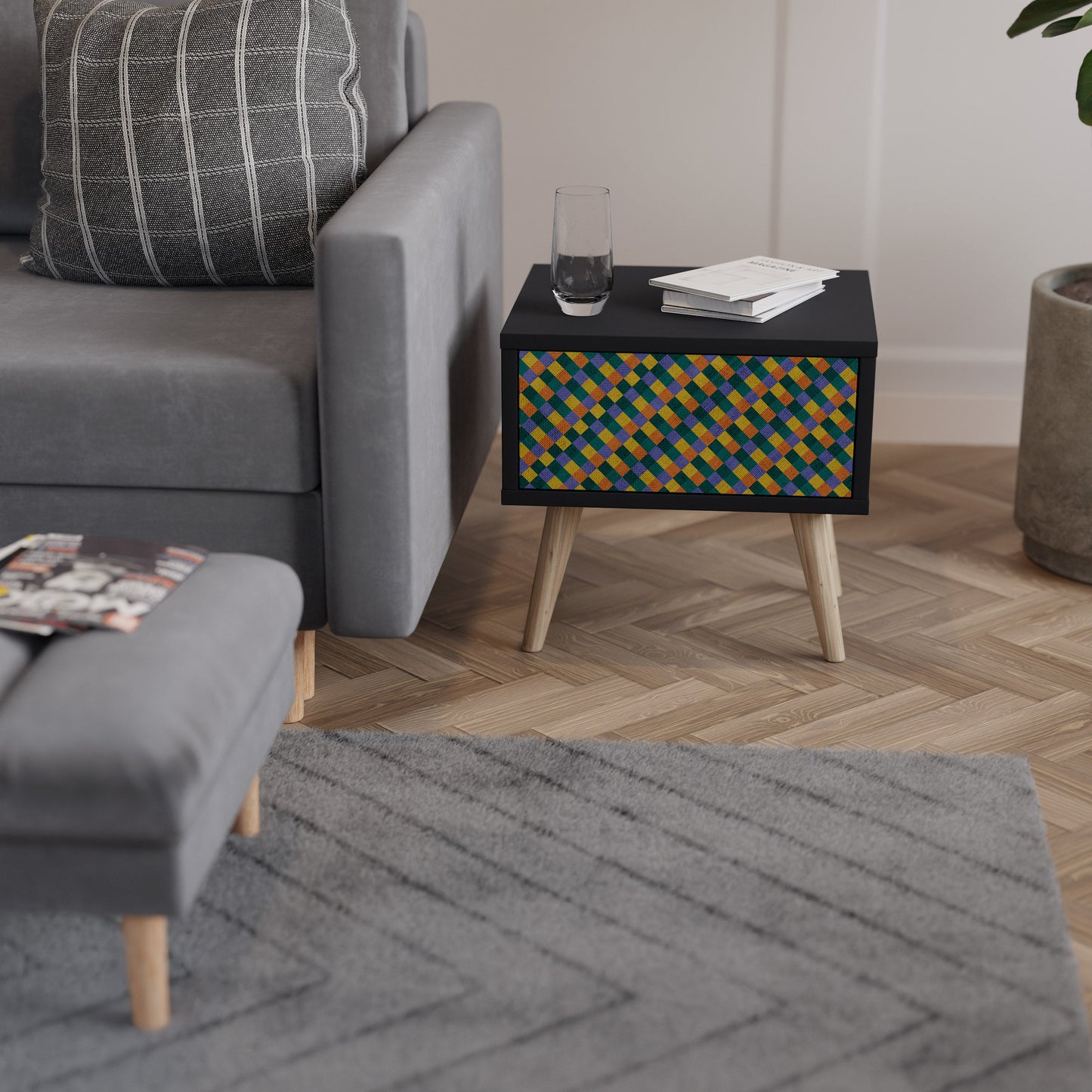 PAINTED SQUARES MIX Nightstand in Black Finish