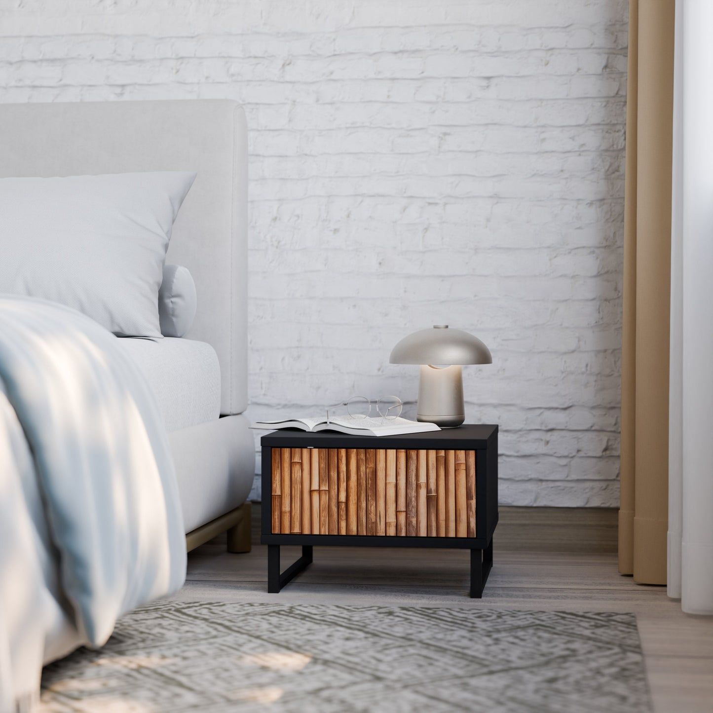 Comodino in LEGNO NATURALE con finitura nera