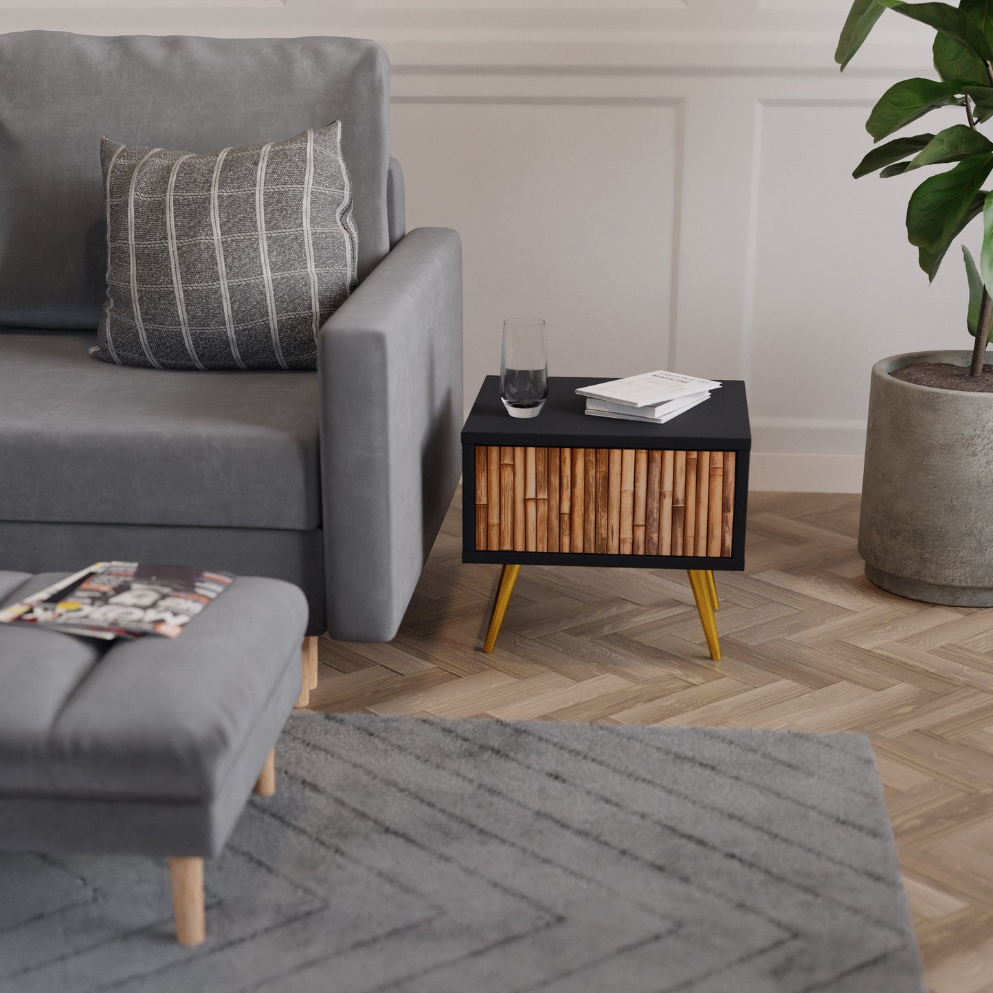 Comodino in LEGNO NATURALE con finitura nera