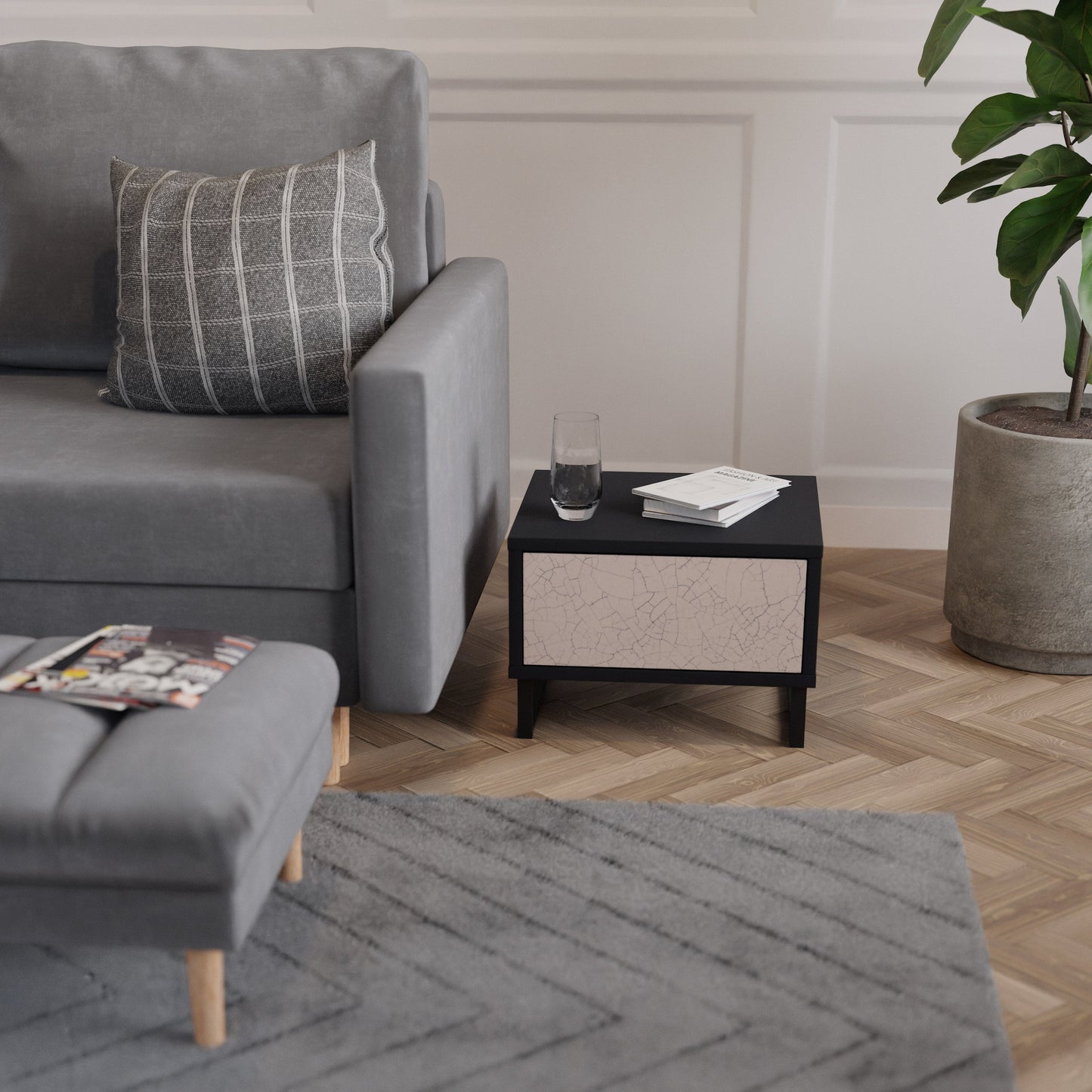 Comodino con texture in ceramica, finitura nera