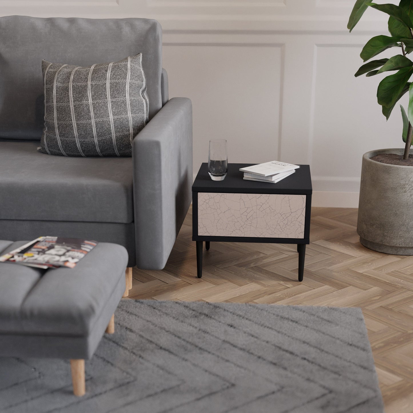 Comodino con texture in ceramica, finitura nera