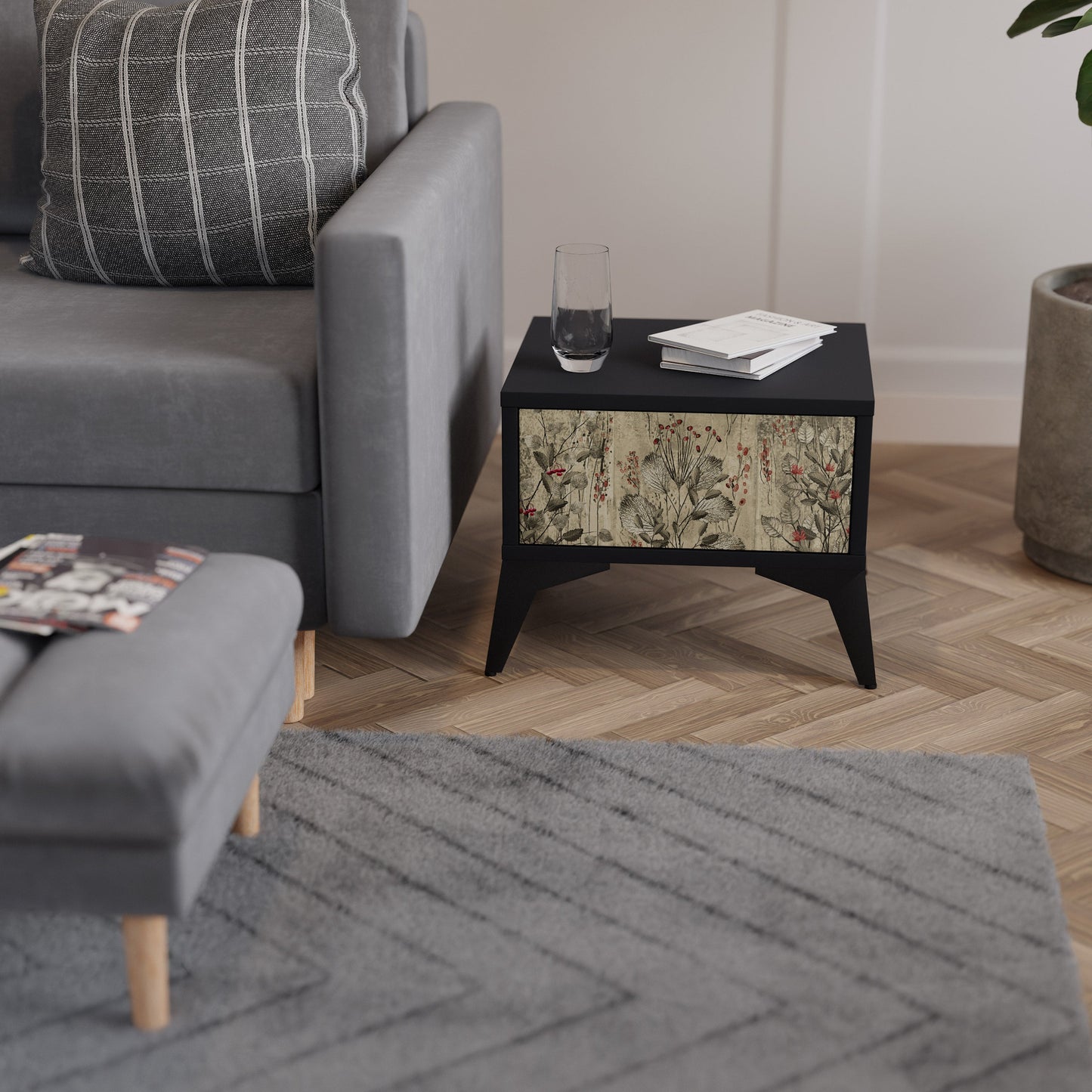 HERBAL GRACE Nightstand in Black Finish