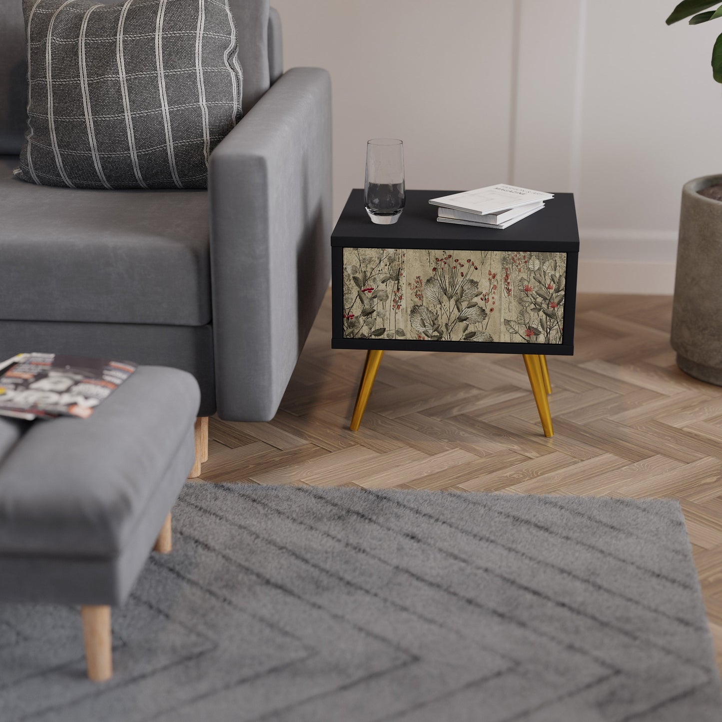 HERBAL GRACE Nightstand in Black Finish