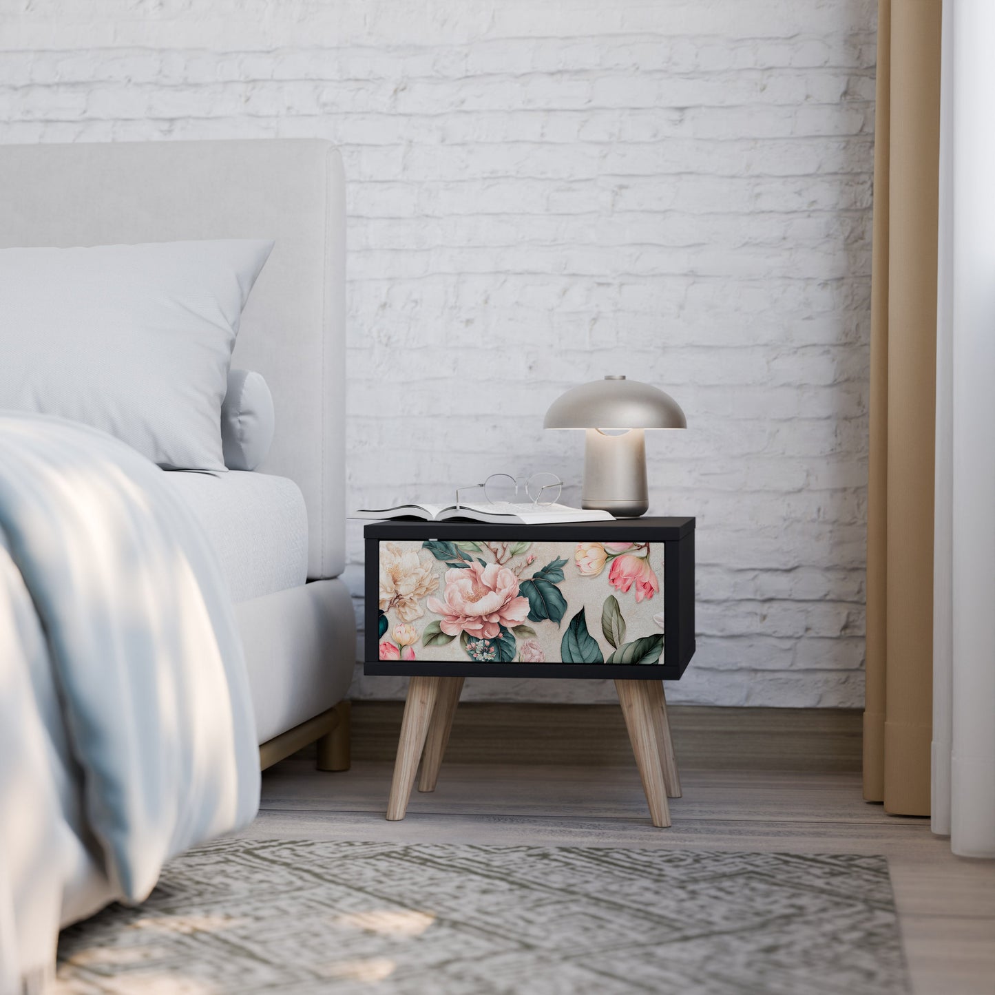 FLORAL GRACE Nightstand in Black Finish