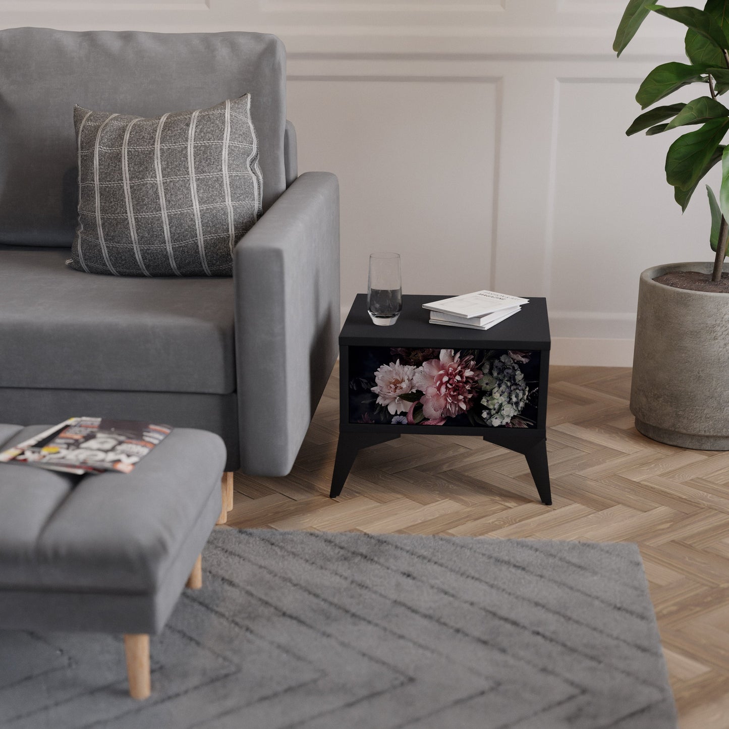 PURE BLOSSOM Nightstand in Black Finish
