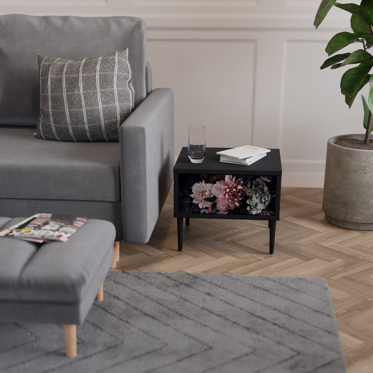 PURE BLOSSOM Nightstand in Black Finish