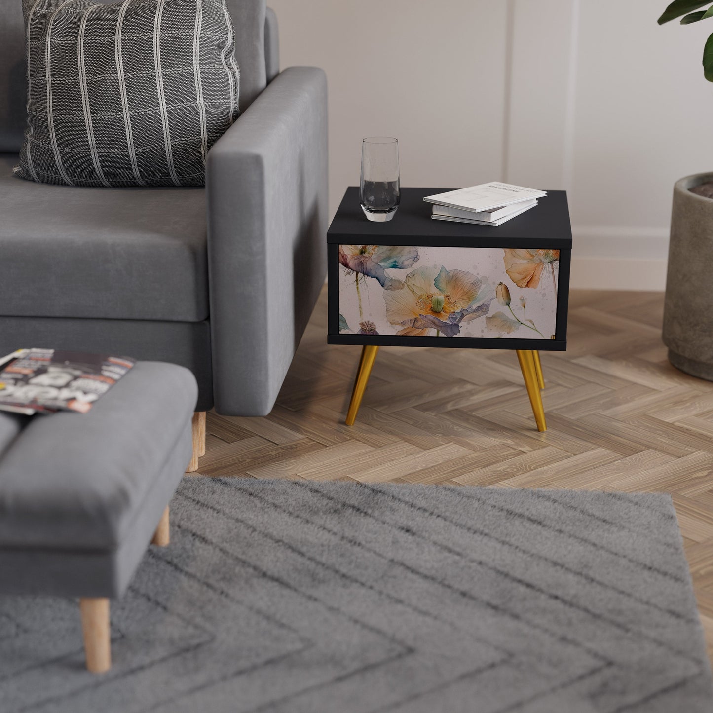 SOFTEN POPPY Nightstand in Black Finish