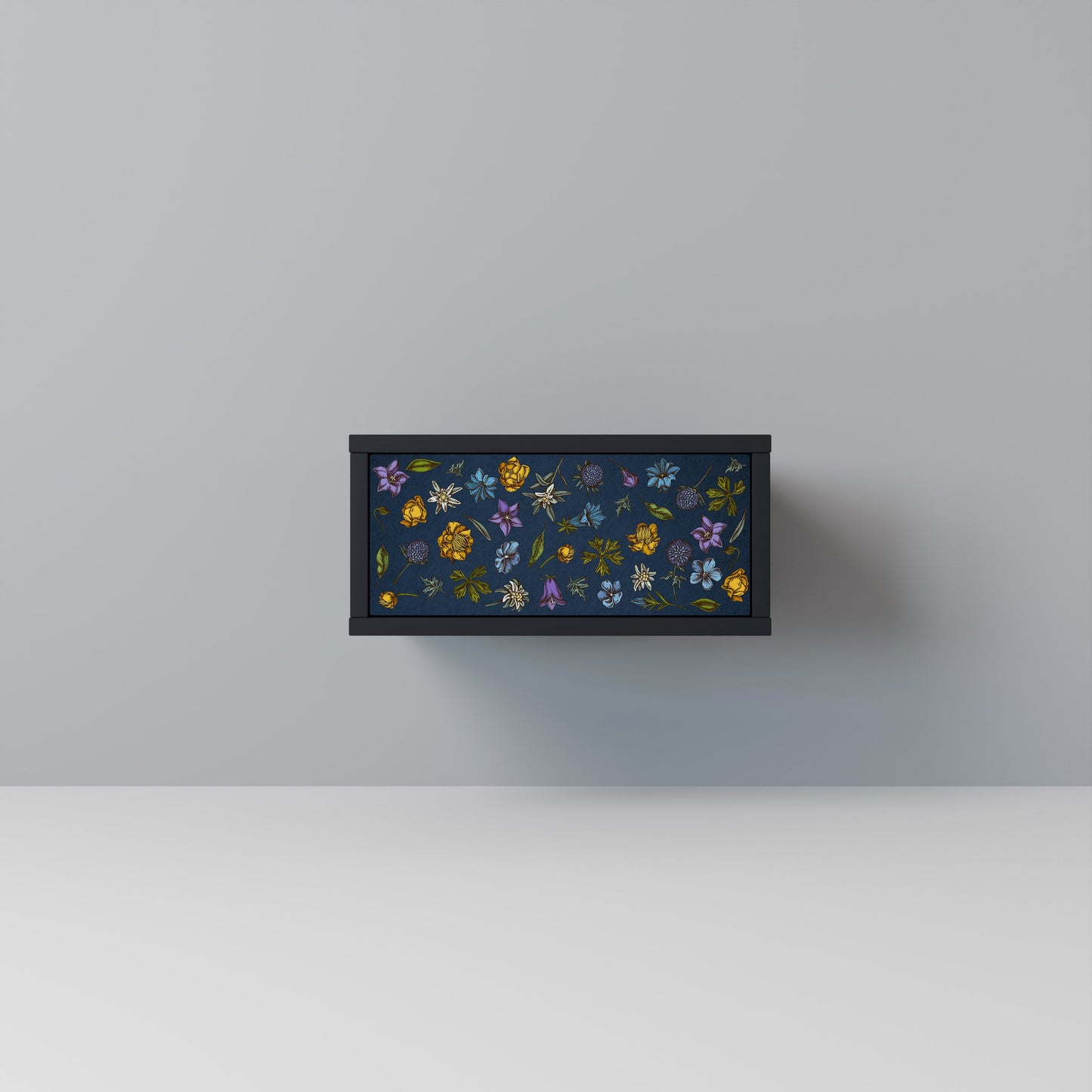 FLOWERS ON NAVY BLUE Nightstand in Black Finish