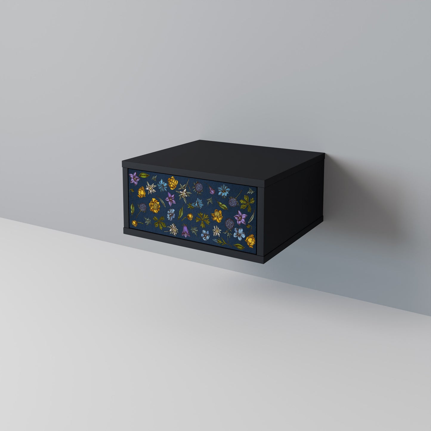 FLOWERS ON NAVY BLUE Nightstand in Black Finish