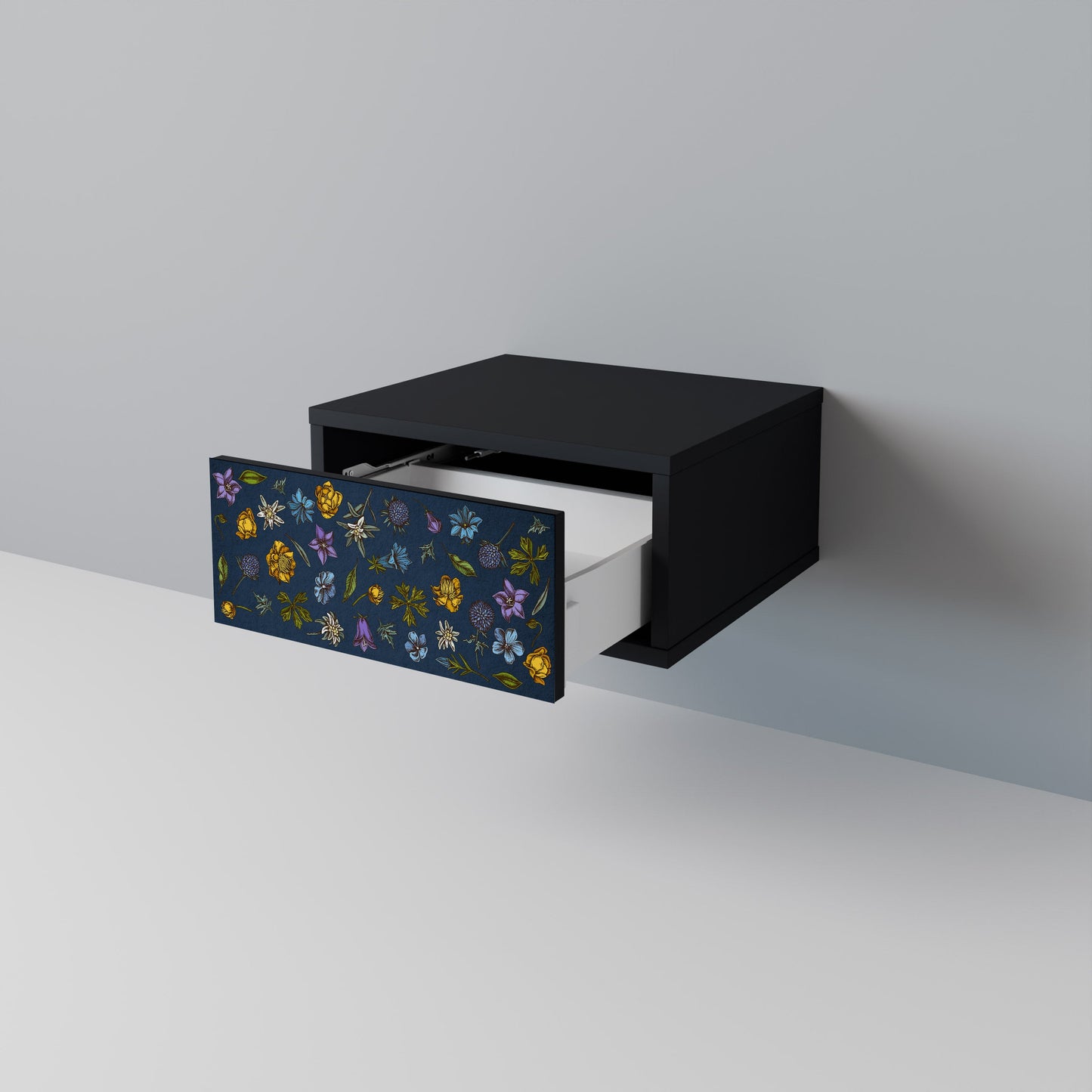 FLOWERS ON NAVY BLUE Nightstand in Black Finish