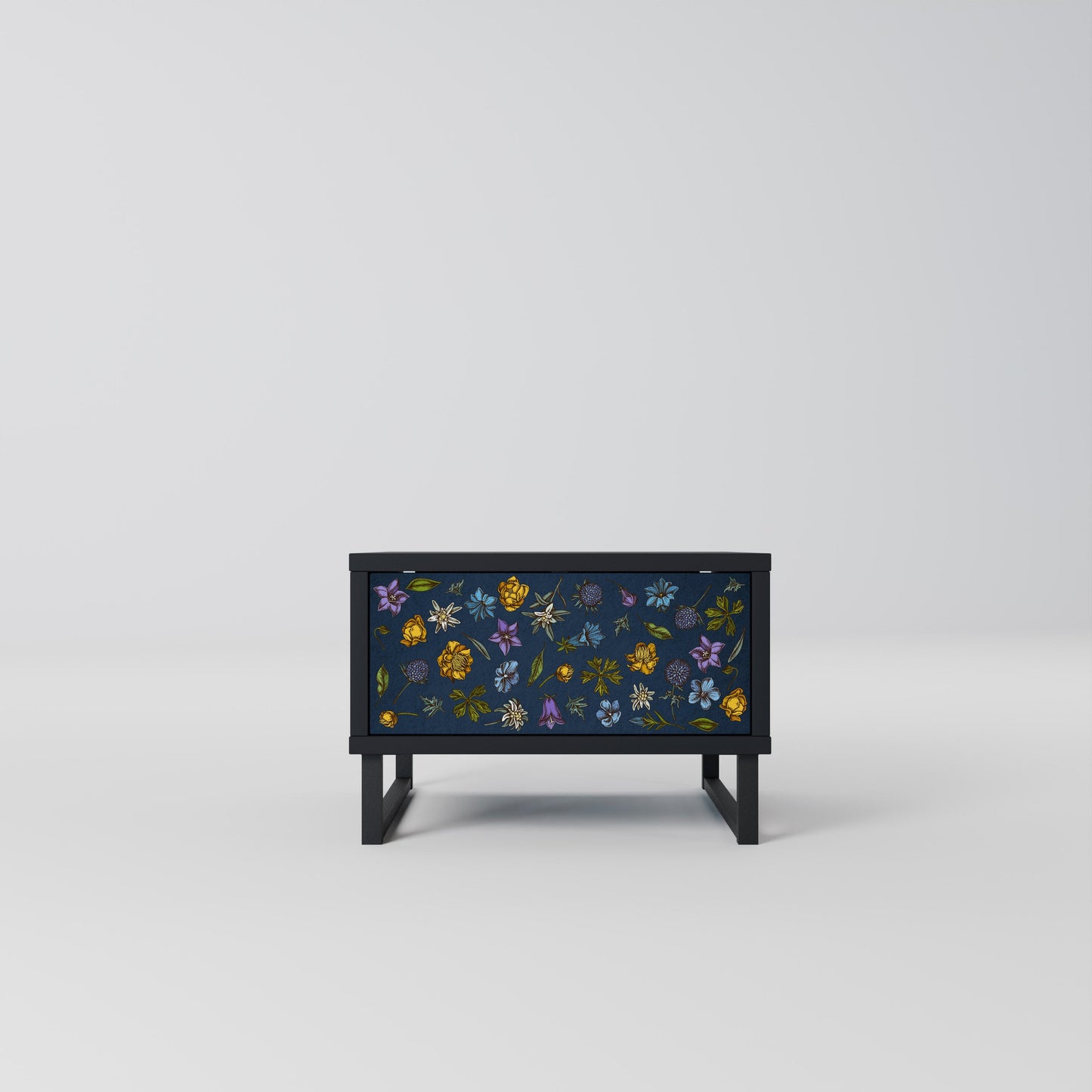 FLOWERS ON NAVY BLUE Nightstand in Black Finish