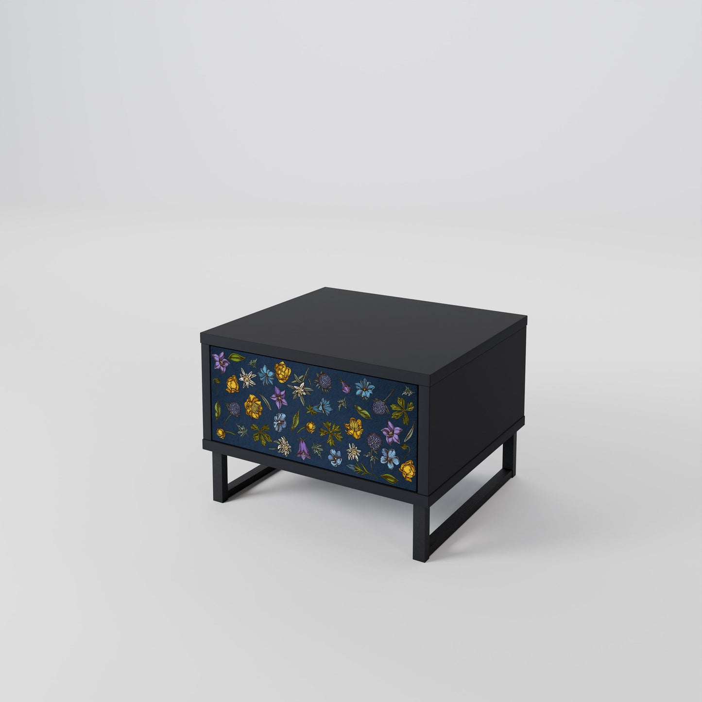 FLOWERS ON NAVY BLUE Nightstand in Black Finish