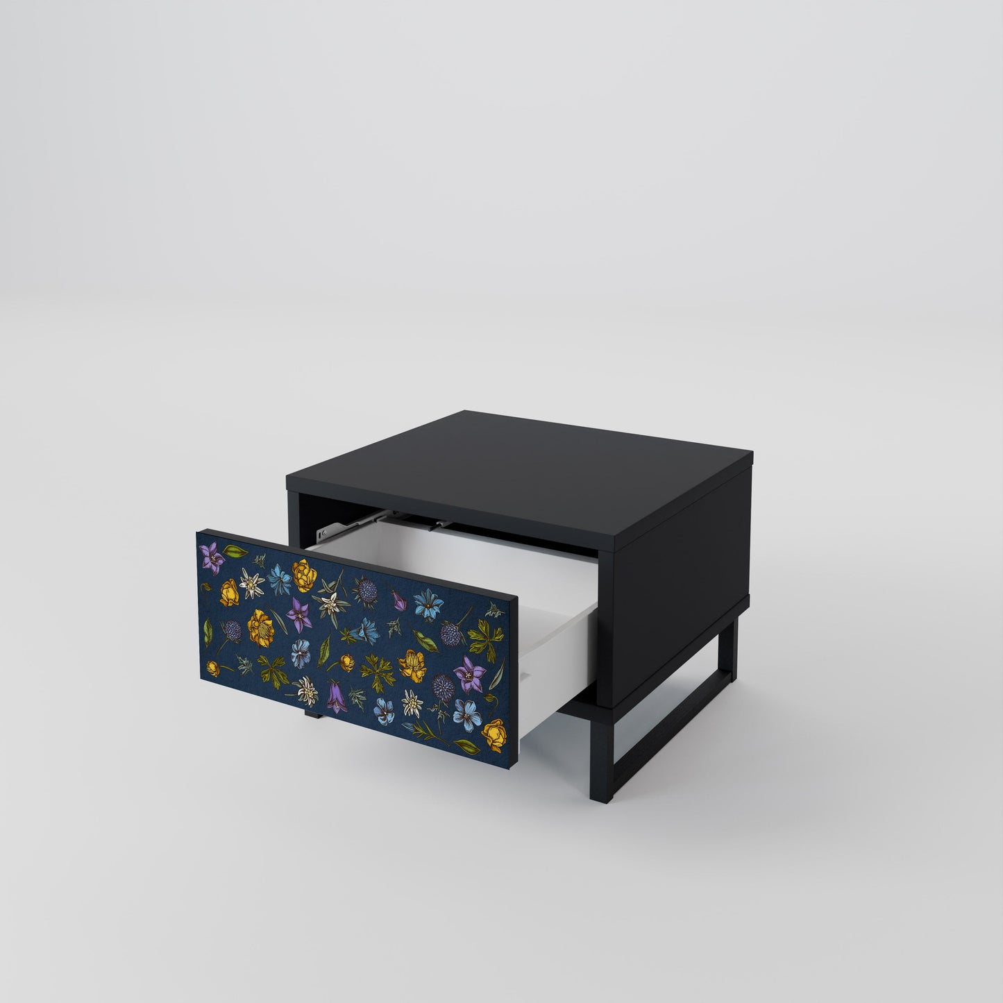 FLOWERS ON NAVY BLUE Nightstand in Black Finish