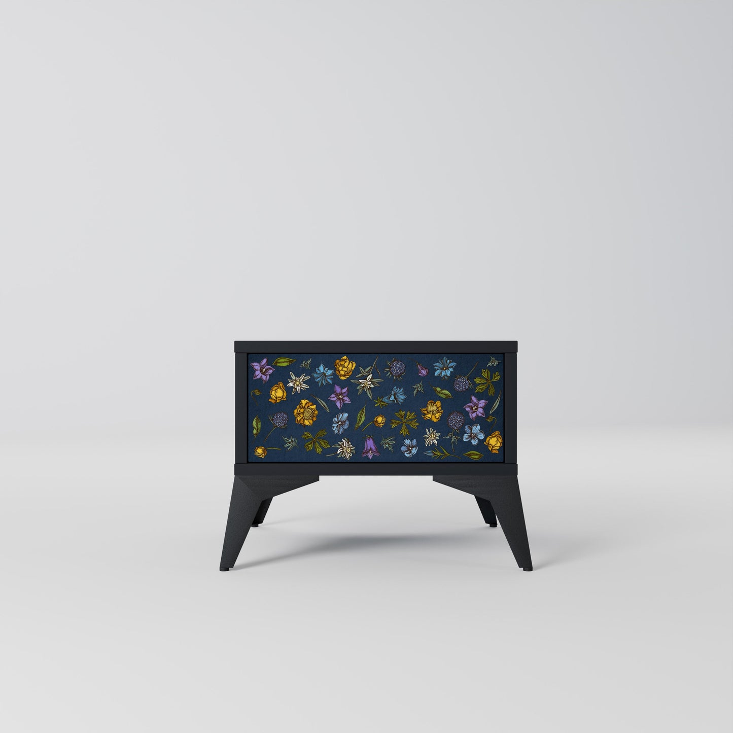 FLOWERS ON NAVY BLUE Nightstand in Black Finish