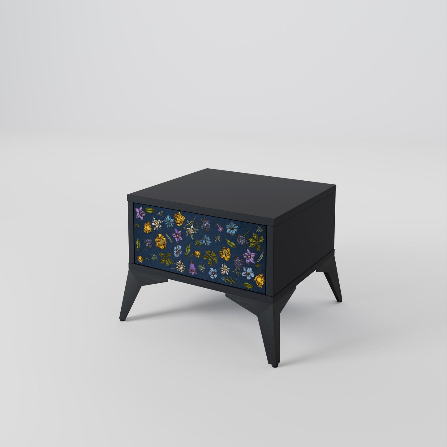 FLOWERS ON NAVY BLUE Nightstand in Black Finish