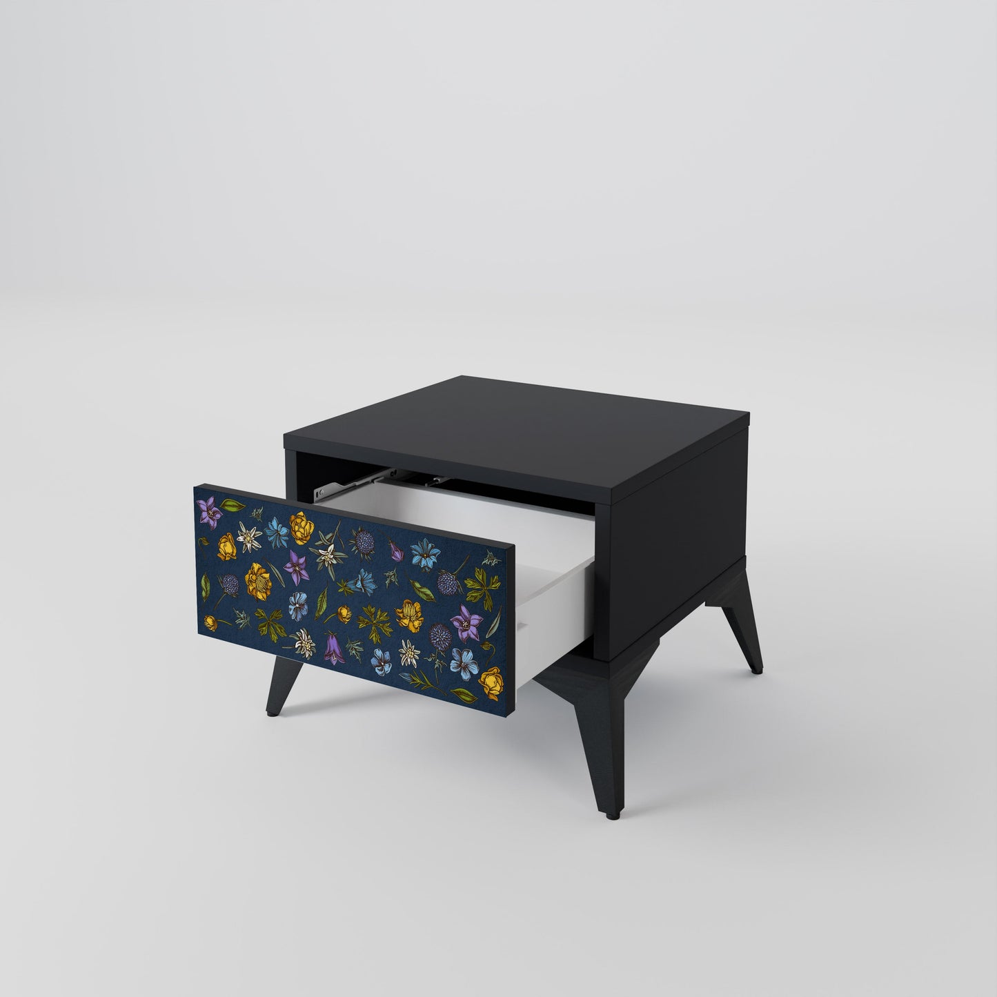 FLOWERS ON NAVY BLUE Nightstand in Black Finish