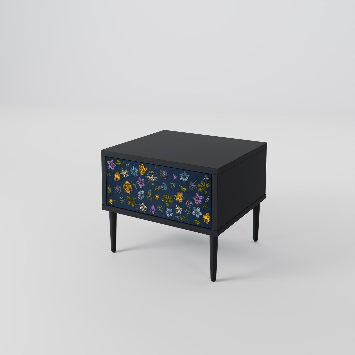 FLOWERS ON NAVY BLUE Nightstand in Black Finish