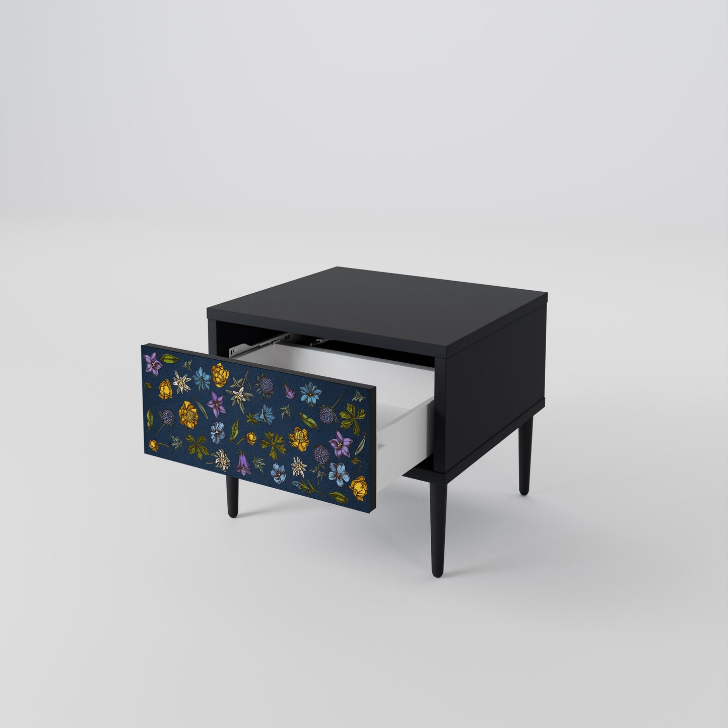 FLOWERS ON NAVY BLUE Nightstand in Black Finish