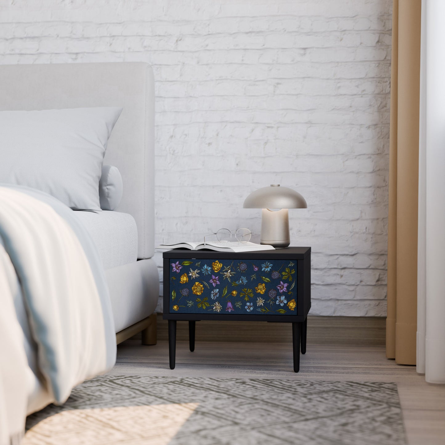 FLOWERS ON NAVY BLUE Nightstand in Black Finish