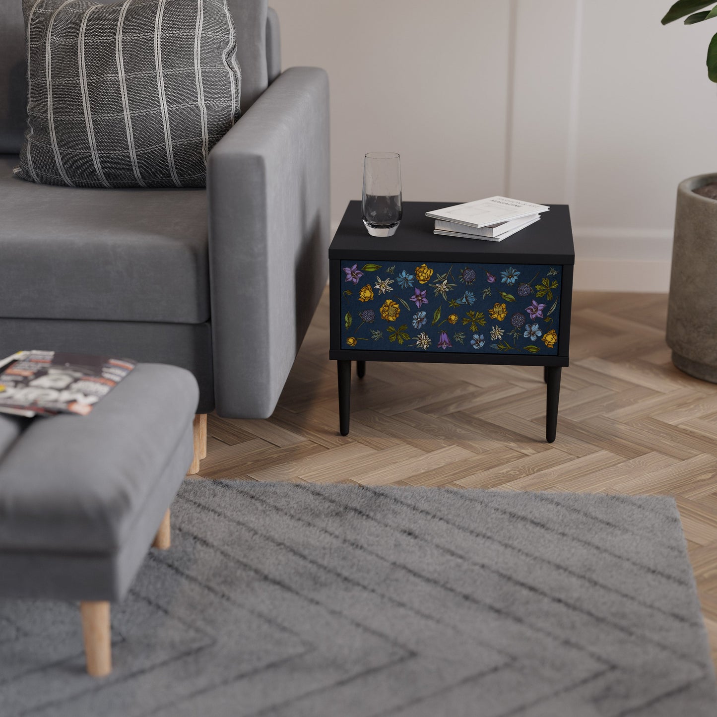 FLOWERS ON NAVY BLUE Nightstand in Black Finish