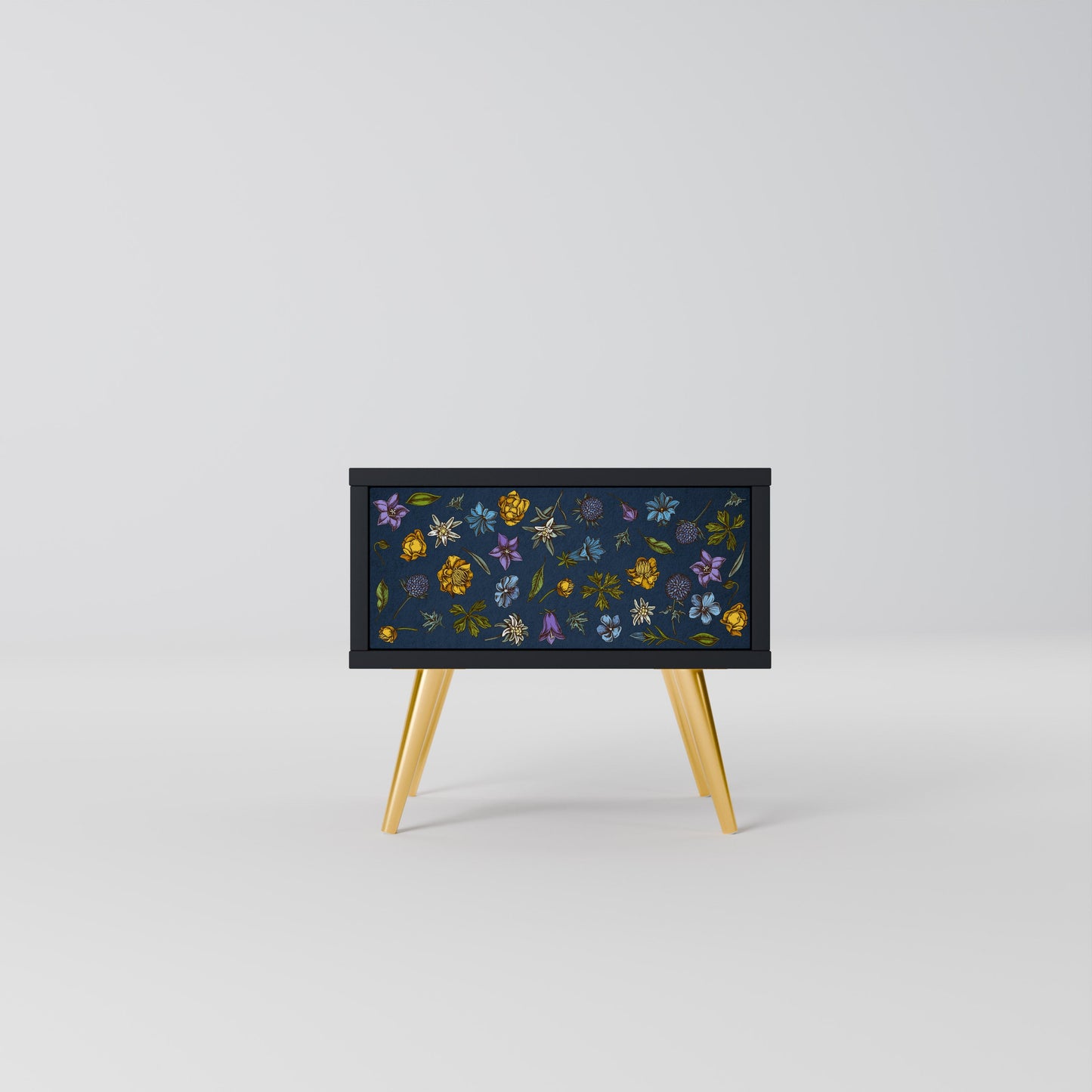 FLOWERS ON NAVY BLUE Nightstand in Black Finish