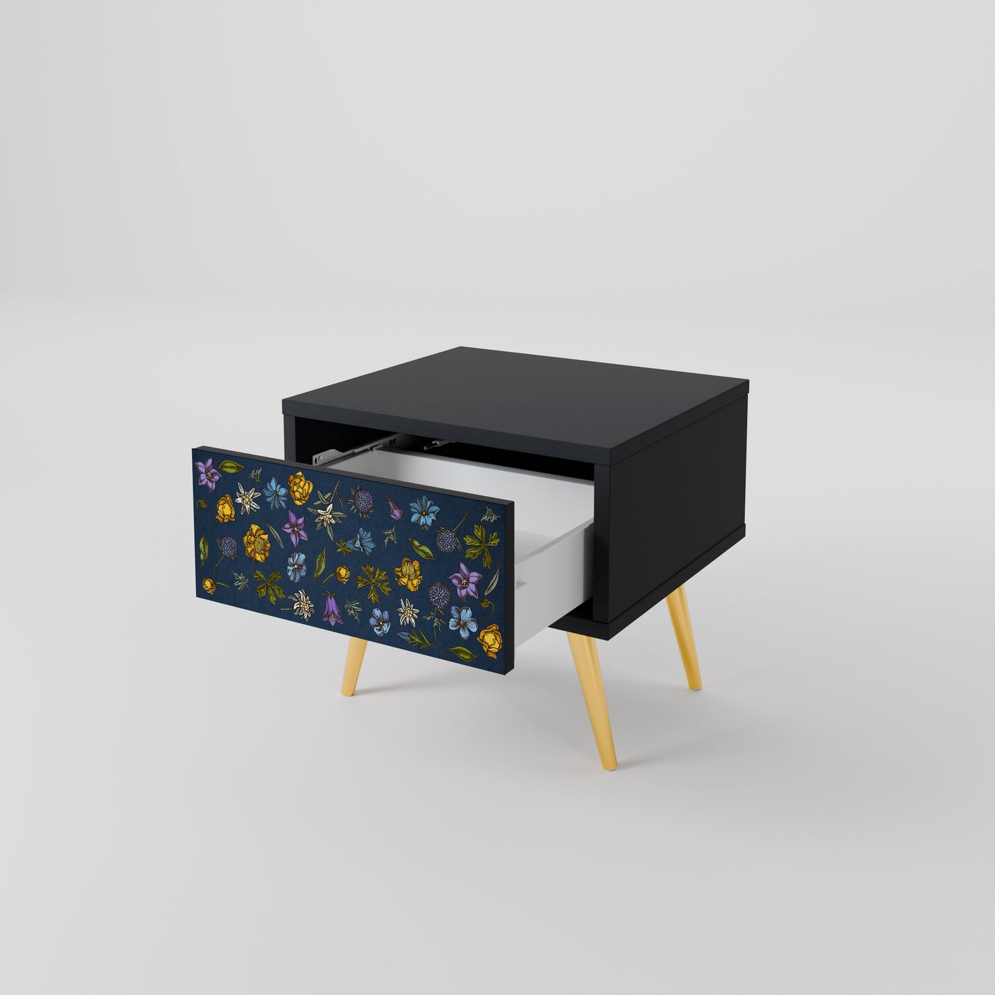 FLOWERS ON NAVY BLUE Nightstand in Black Finish