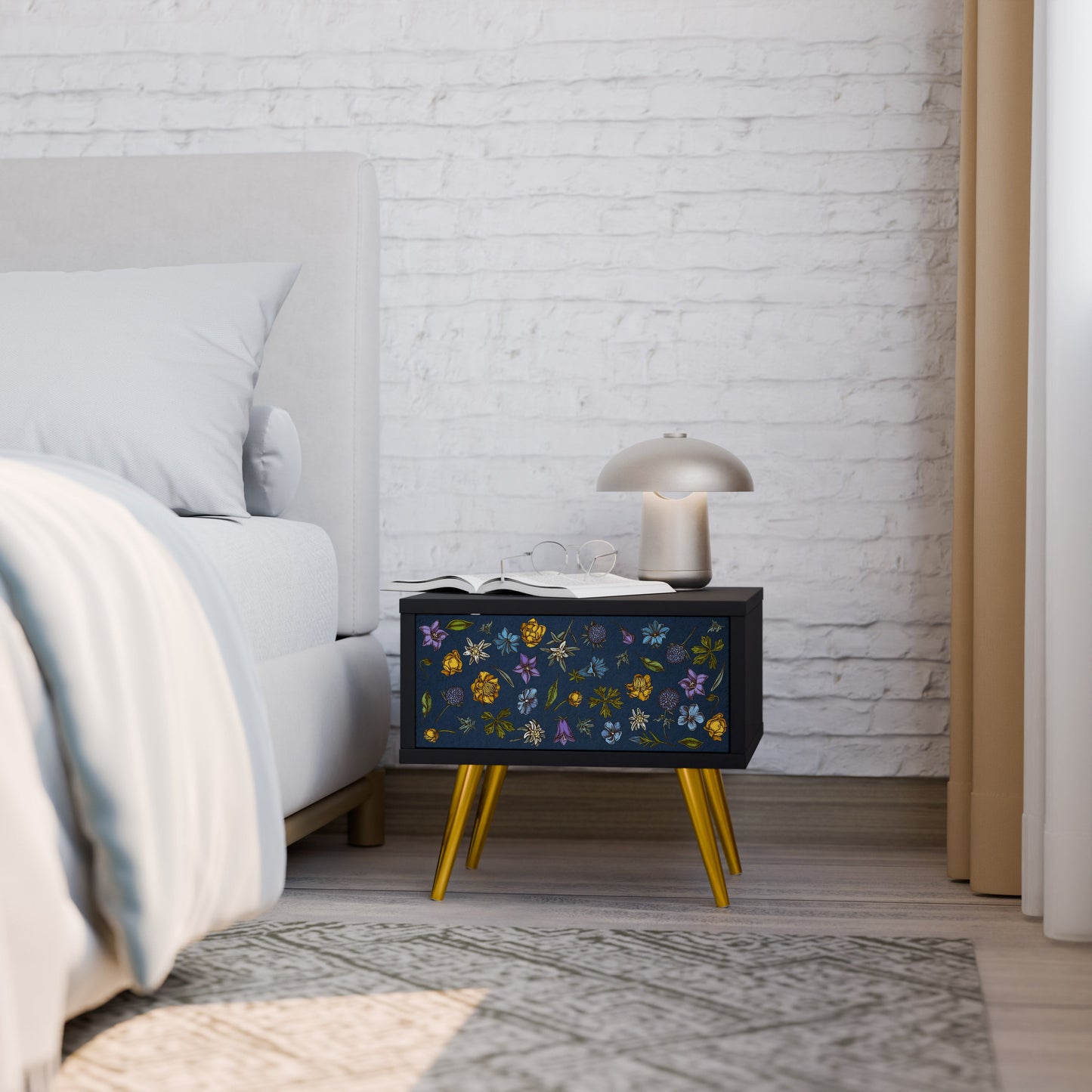 FLOWERS ON NAVY BLUE Nightstand in Black Finish