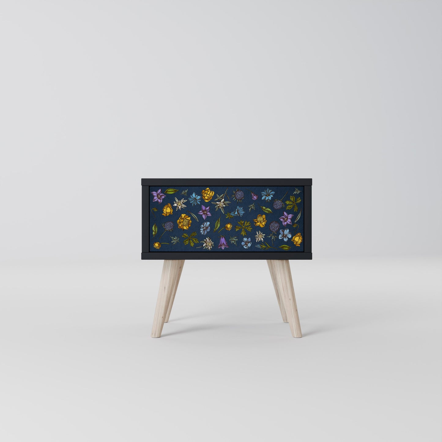 FLOWERS ON NAVY BLUE Nightstand in Black Finish