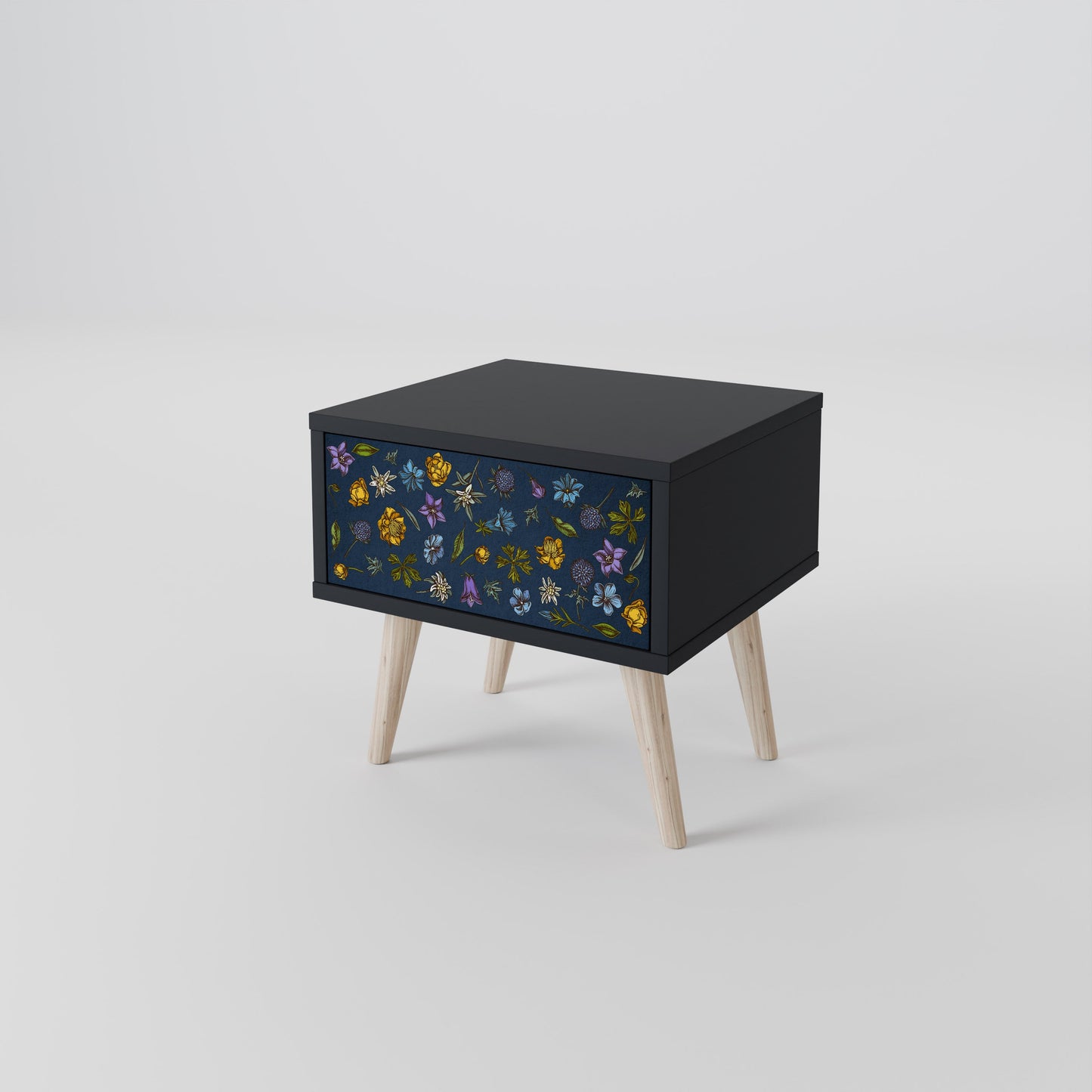 FLOWERS ON NAVY BLUE Nightstand in Black Finish