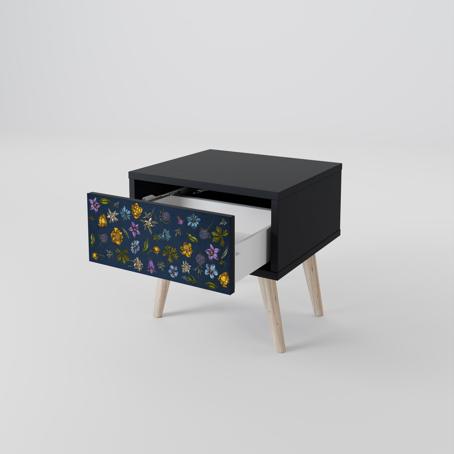 FLOWERS ON NAVY BLUE Nightstand in Black Finish