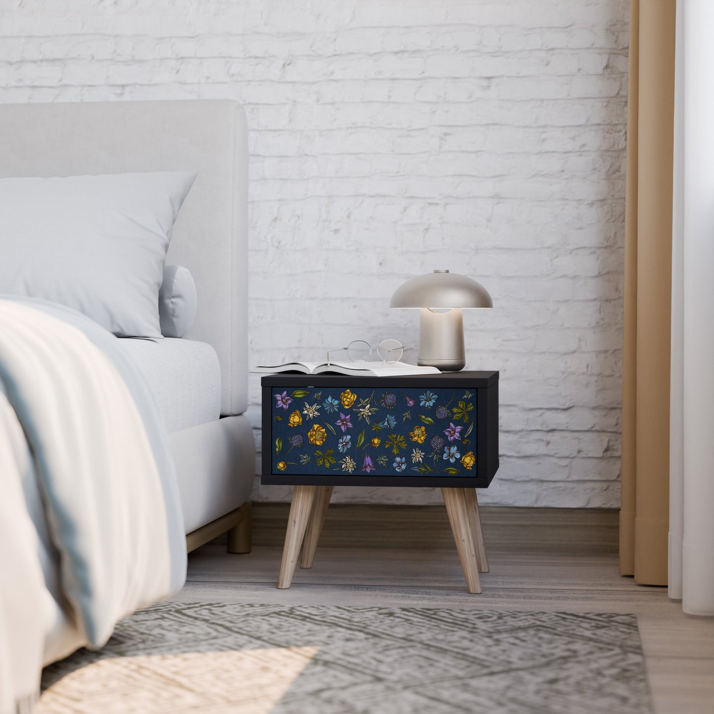 FLOWERS ON NAVY BLUE Nightstand in Black Finish