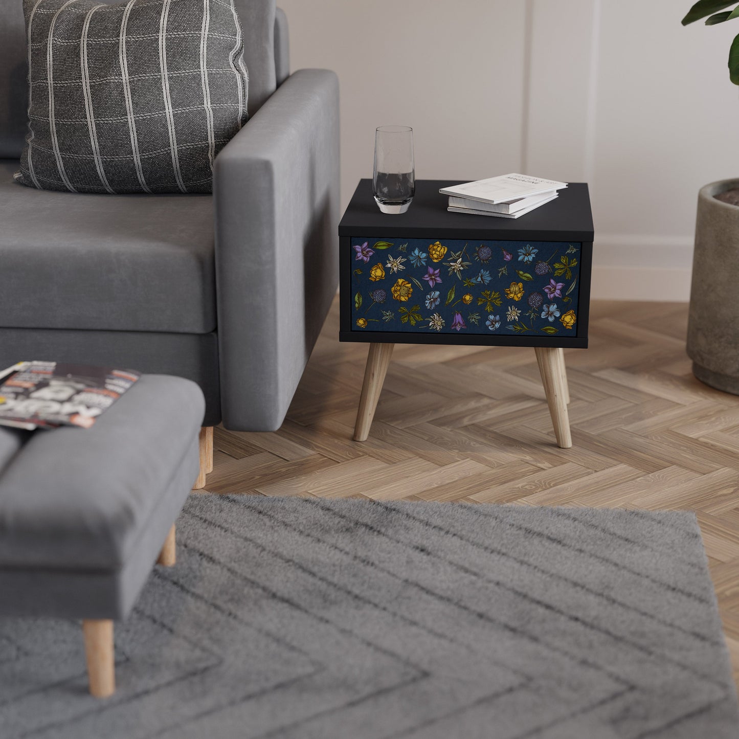 FLOWERS ON NAVY BLUE Nightstand in Black Finish