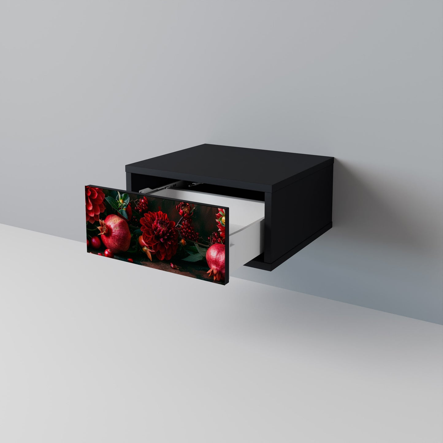 DAHLIAS AND POMEGRANATES Nightstand in Black Finish