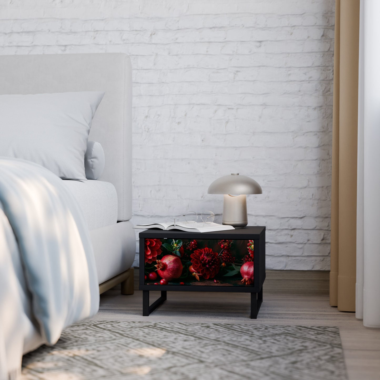 DAHLIAS AND POMEGRANATES Nightstand in Black Finish