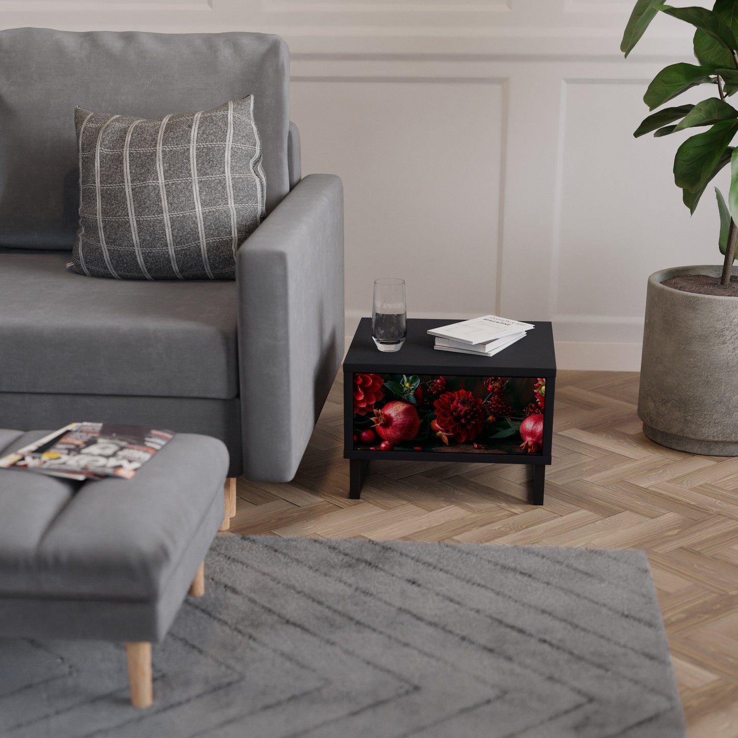DAHLIAS AND POMEGRANATES Nightstand in Black Finish