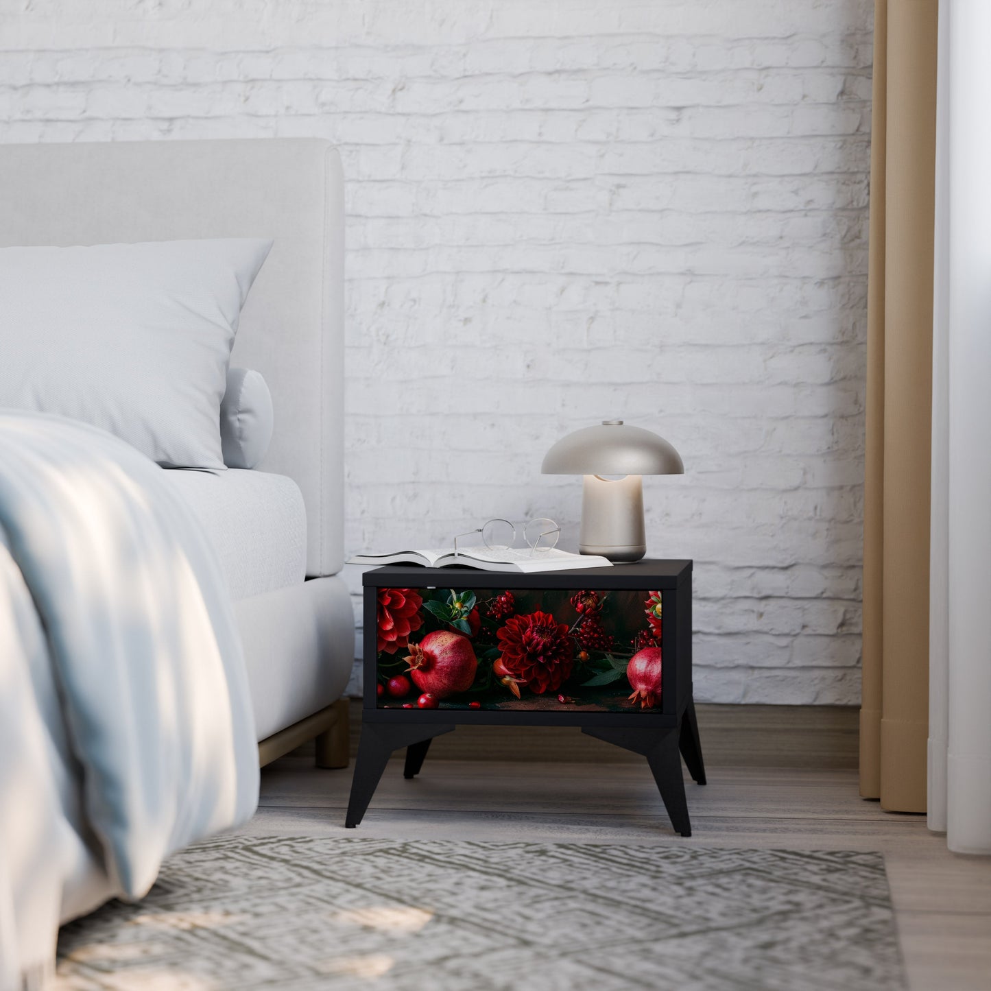 DAHLIAS AND POMEGRANATES Nightstand in Black Finish