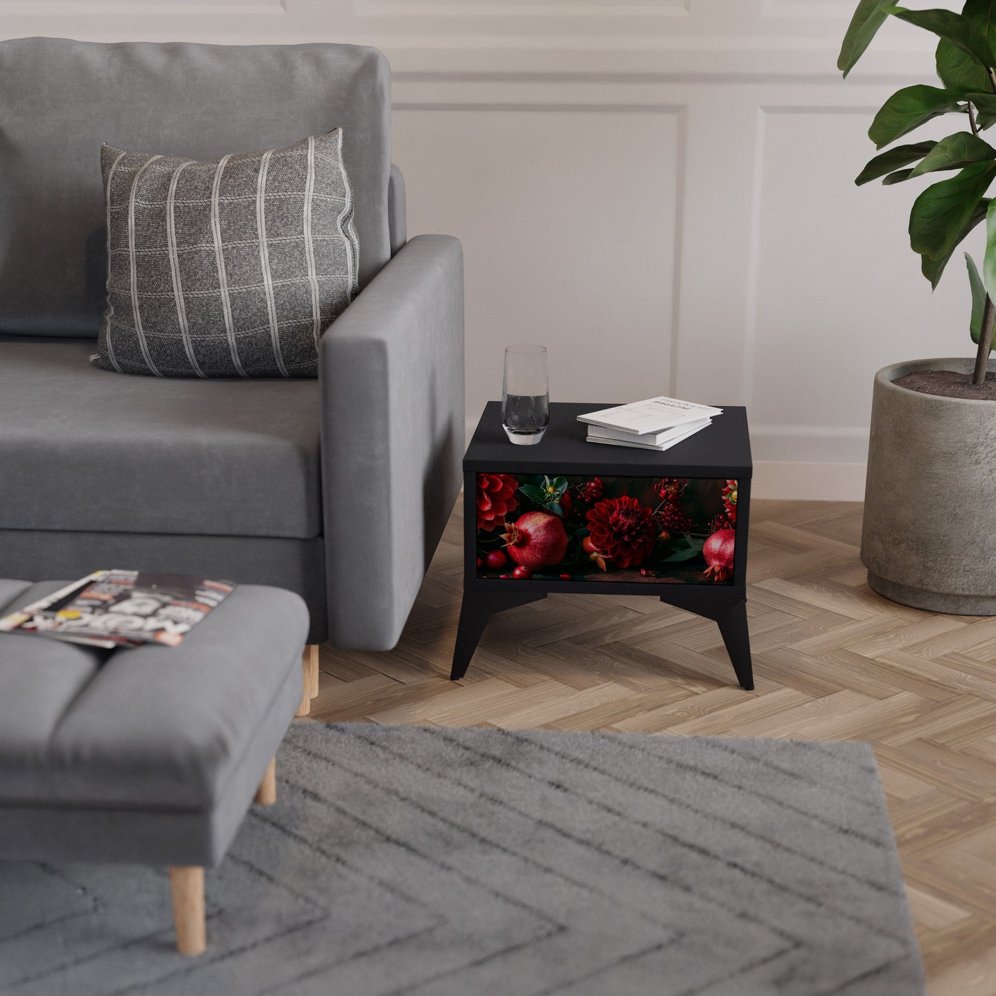 DAHLIAS AND POMEGRANATES Nightstand in Black Finish