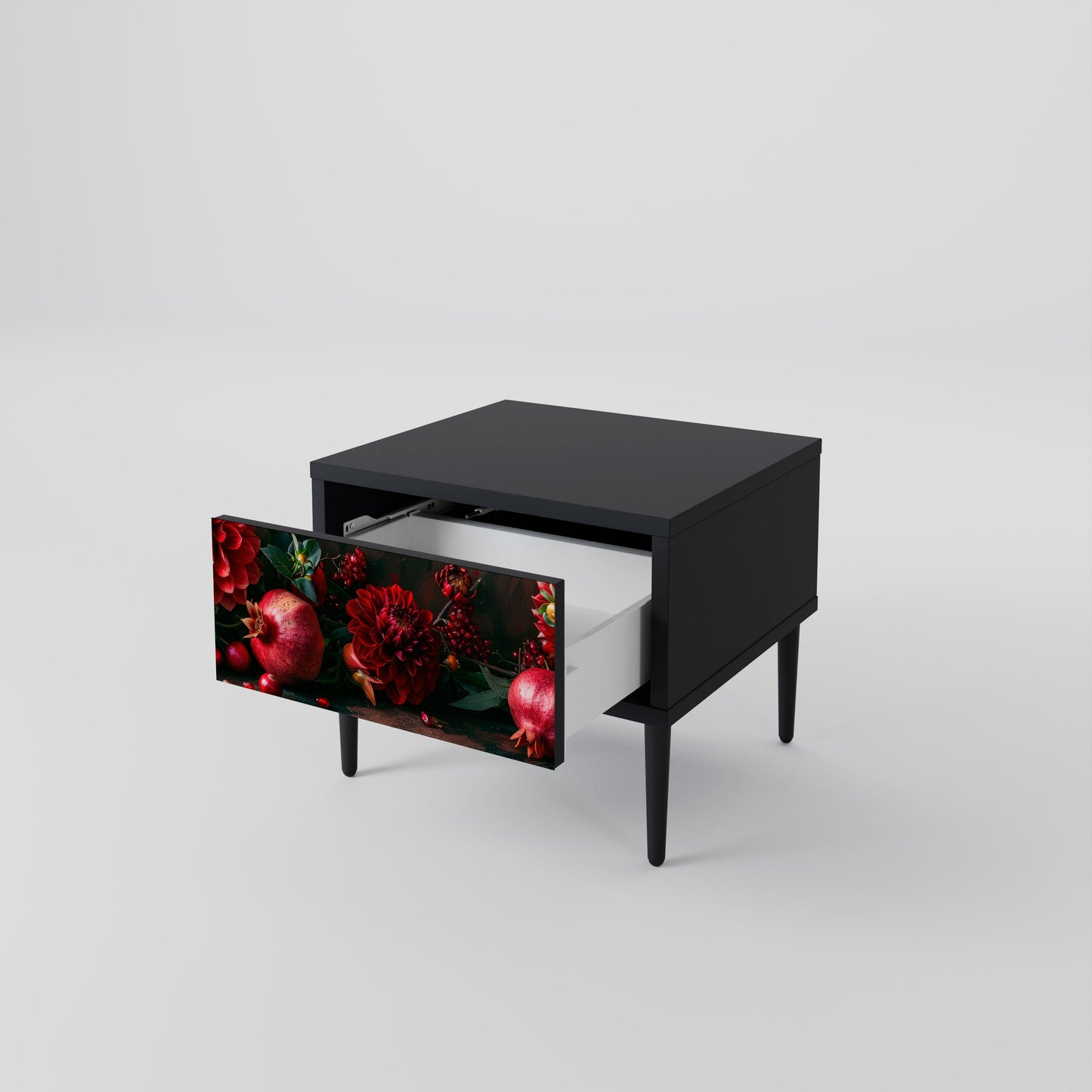 DAHLIAS AND POMEGRANATES Nightstand in Black Finish