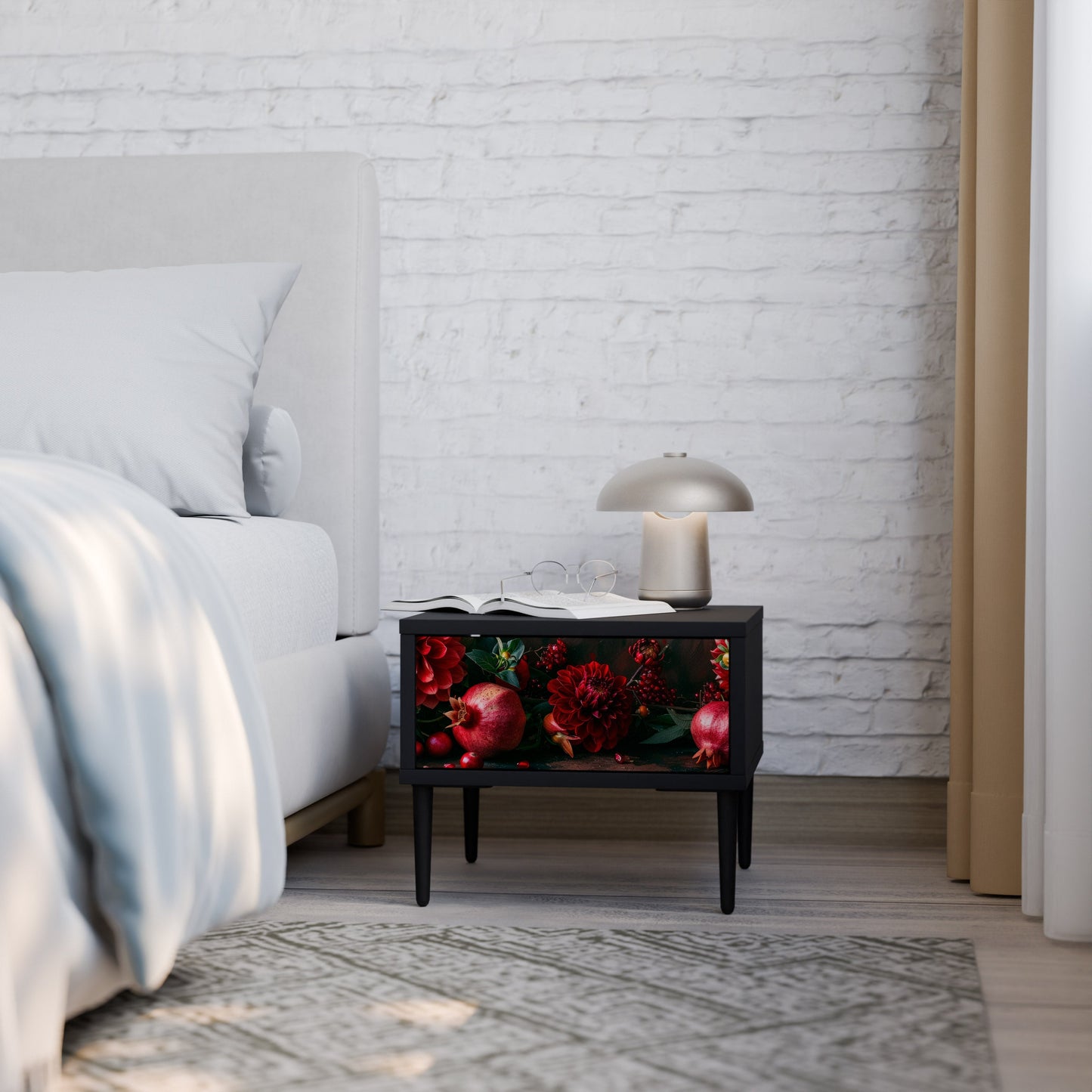 DAHLIAS AND POMEGRANATES Nightstand in Black Finish