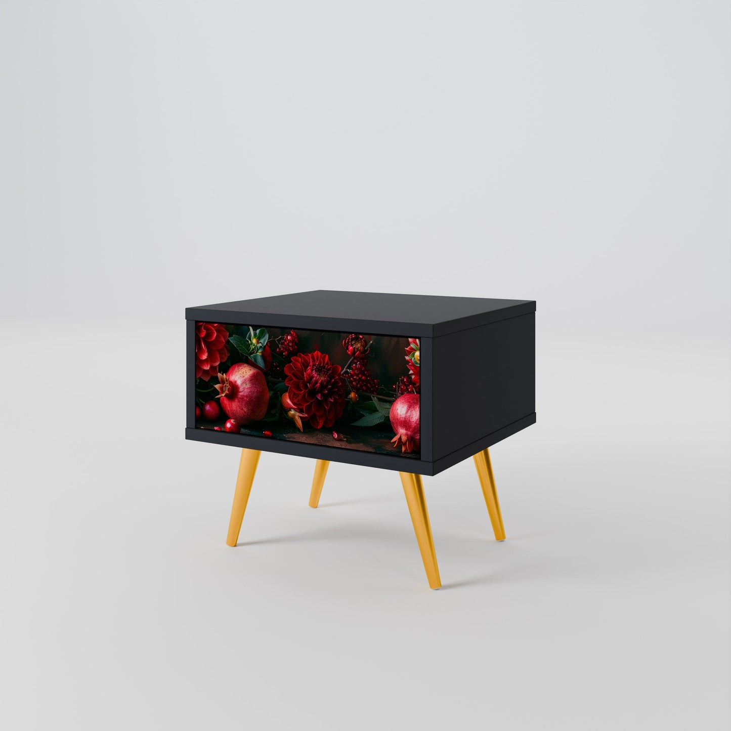 DAHLIAS AND POMEGRANATES Nightstand in Black Finish