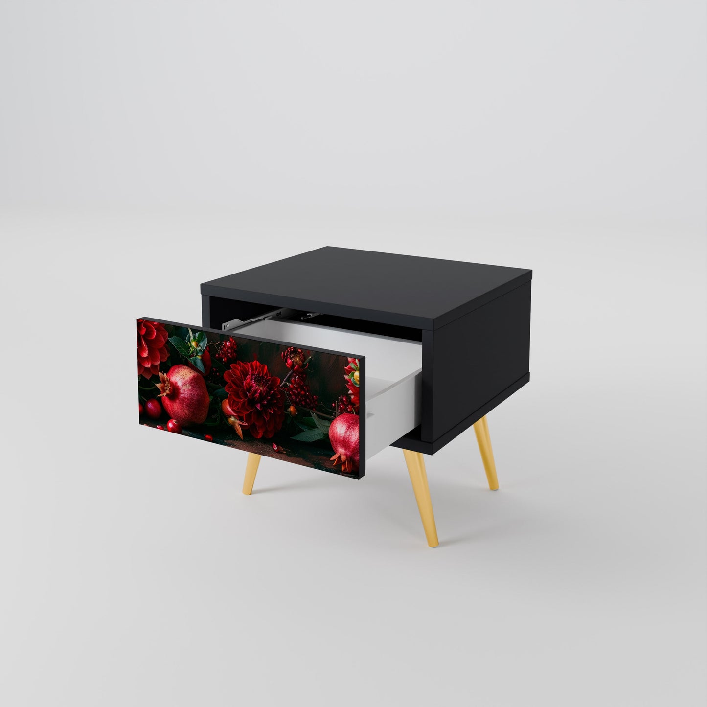 DAHLIAS AND POMEGRANATES Nightstand in Black Finish