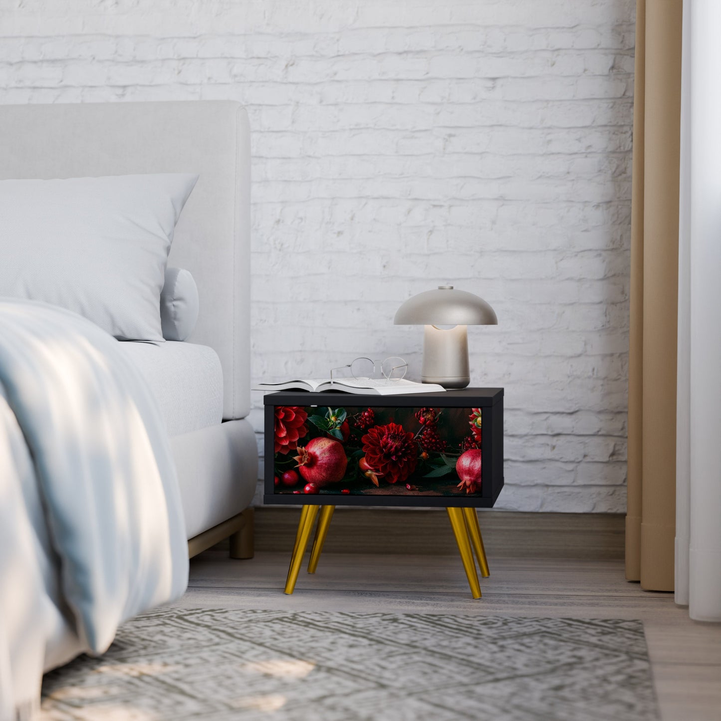 DAHLIAS AND POMEGRANATES Nightstand in Black Finish