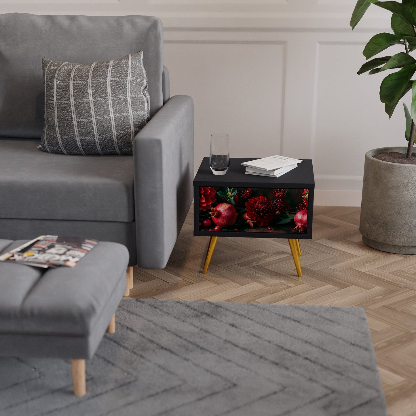 DAHLIAS AND POMEGRANATES Nightstand in Black Finish