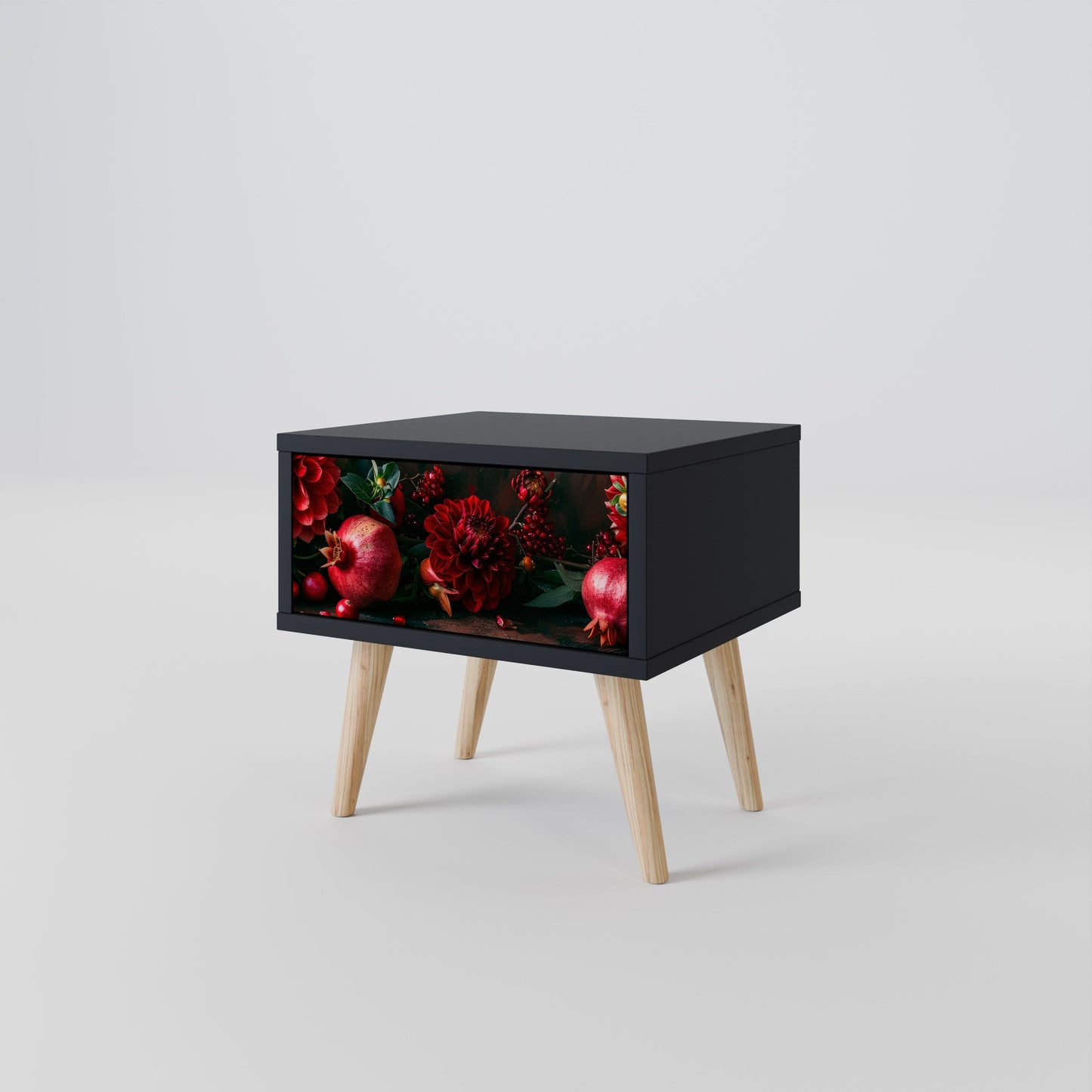 DAHLIAS AND POMEGRANATES Nightstand in Black Finish