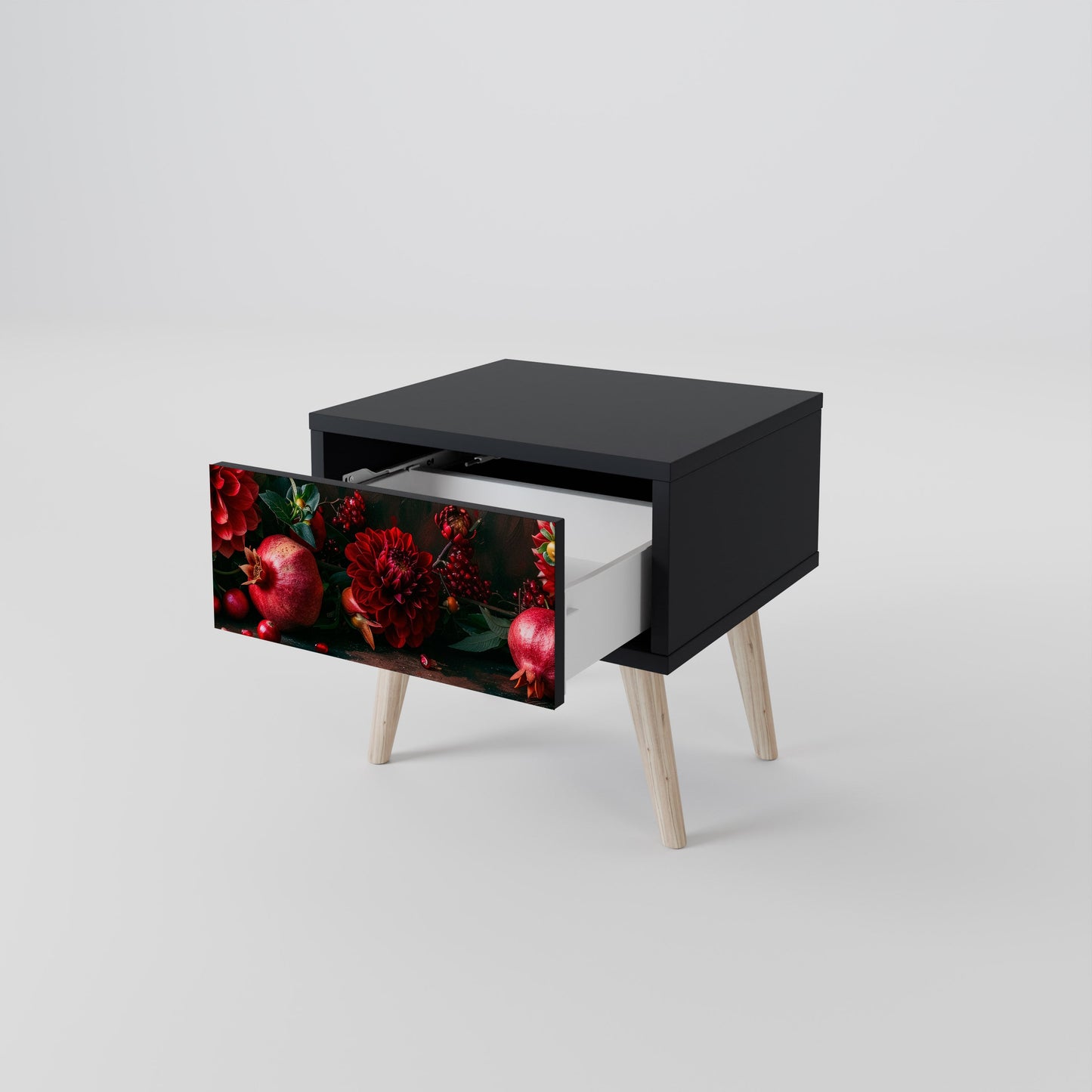 DAHLIAS AND POMEGRANATES Nightstand in Black Finish