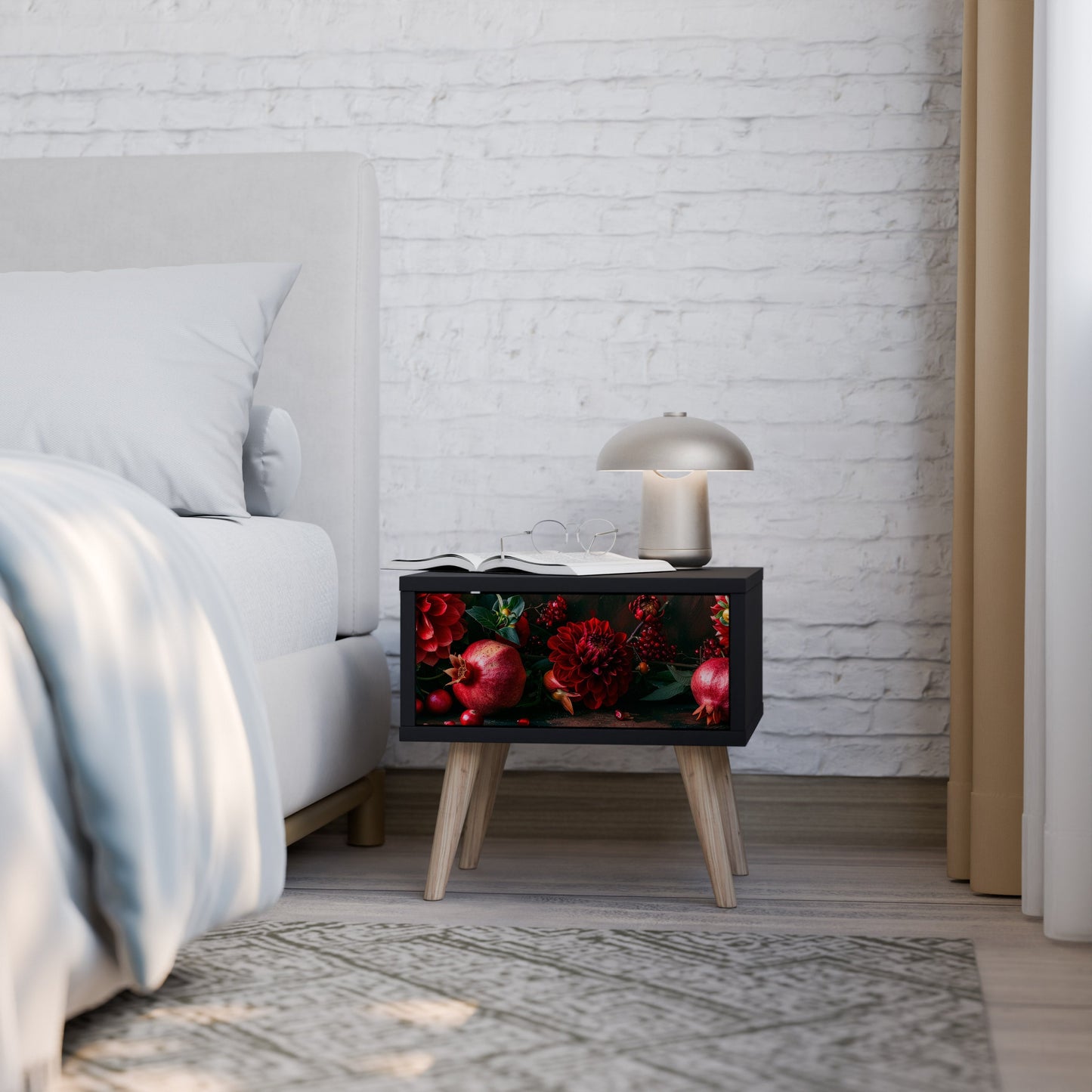 DAHLIAS AND POMEGRANATES Nightstand in Black Finish
