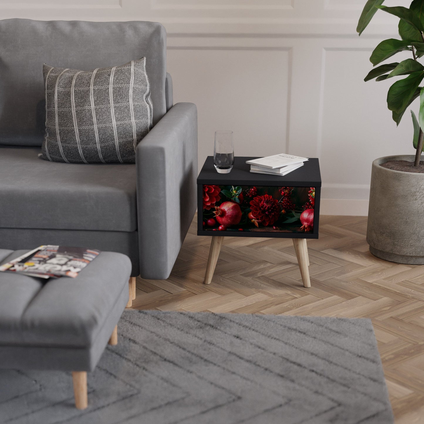 DAHLIAS AND POMEGRANATES Nightstand in Black Finish