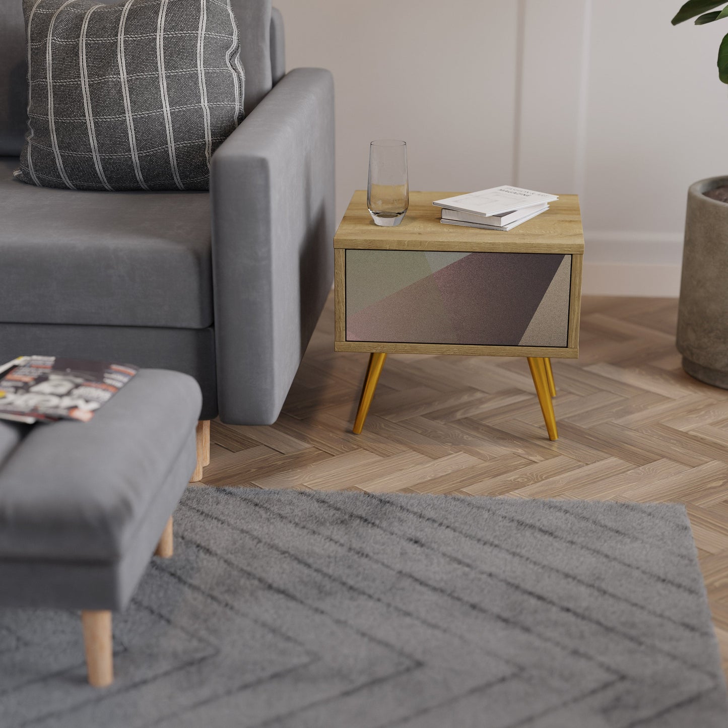 Comodino BEIGE GEOMETRY in effetto rovere