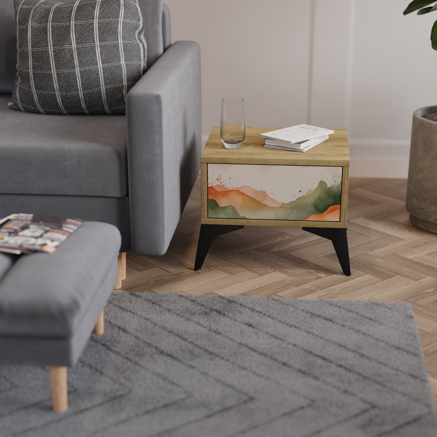 Comodino WATERCOLOUR PEAKS in effetto rovere